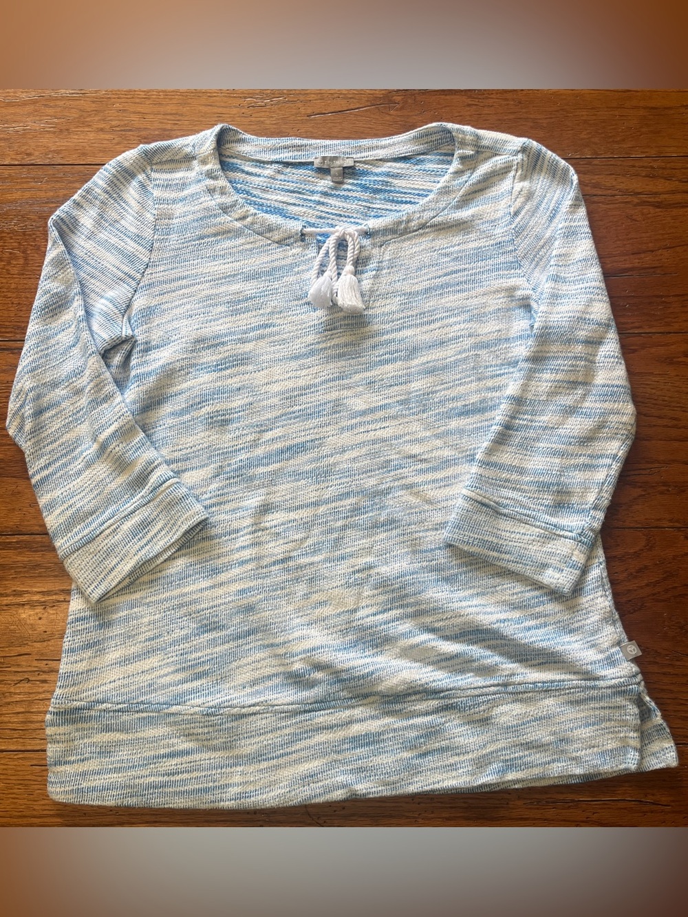 Talbots Light Blue and White Striped Knit Top with Tassel Tie